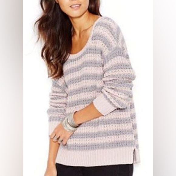 Free People Sweaters - Free People At The Beach 100% cotton pink and grey striped pullover chunky knit